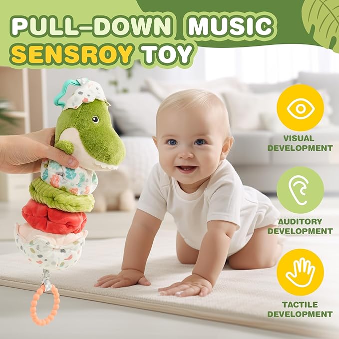 Jollybaby Baby Musical Pull String Hanging Toy for Stroller Car Seat Crib Play Gym, Plush Stuffed Dinasour Toy for Carseat with Music Teether Crinkle Paper, Sensory Toy for 0-6-12-18 Months Baby Gift-CubbioJoy