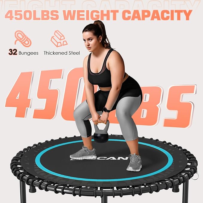 BCAN 40"/48" Mini Rebounder Trampoline for Adults with Bar, 450/550LBS Fitness Trampoline with Bungees, Adjustable Handle, Stable & Quiet, Indoor Outdoor, Whole-Body Workout & Relaxation at Home-CubbioJoy