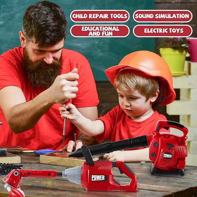 3 Pcs Toy Gardening Tool Set for Kids Toy Leaf Blower Weed Trimmer Push Lawn Mower Pretend Play Set with Lights and Sounds Christmas Birthday Gifts for Boys Girls-CubbioJoy