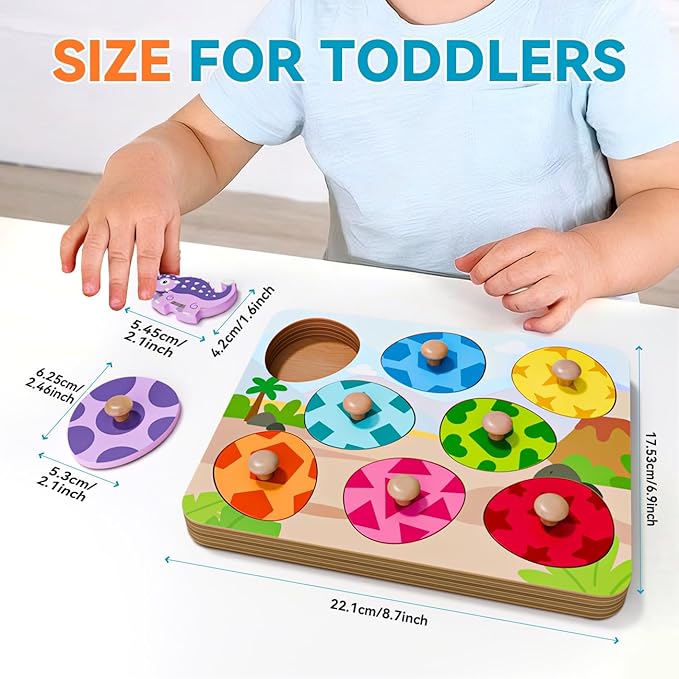 Dinosaur Wooden Puzzles for Toddlers 1-3, Montessori Toys for 1 2 Year Old Boy Birthday Gifts, Dinosaur Matching Eggs Peg Puzzles for Toddlers Age 2-4, Preschool Learning Activities for Girls-CubbioJoy