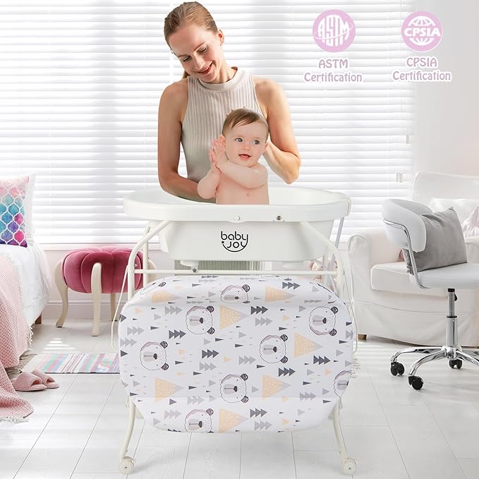 BABY JOY Baby Bathtub with Changing Table, Foldable Infant Diaper Changing Station with Storage Tray, Waterproof Pad, Portable Newborn Nursery Organizer Bath Stand with 4 Universal Wheels (White)-CubbioJoy
