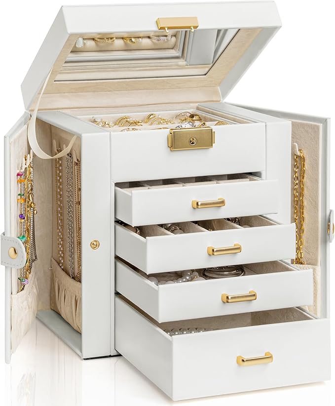 AKOZLIN 5-Tier Jewelry Box Leather Jewelry Storage Organizer with 4 Drawers Lockable for Women Girls Ring Necklace Earring Bracelet Watches Holder with Mirror White-CubbioJoy