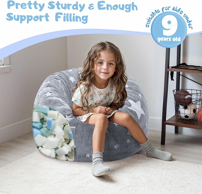 COMAX Kids Bean Bag Chair Turn into Beanbag Bed, Unicorn Toddler Bean Chair for Girl Boy Sleeping, Lazy Children Sofa Couch with Filler, Convertible Child Floor Mattress, Glowing Grey Star-CubbioJoy
