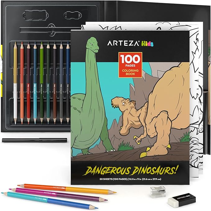 ARTEZA Kids Coloring Book and Colored Pencils Set, Dinosaur Illustrations, 50 Double-Sided Sheets, 100-lb Paper-CubbioJoy