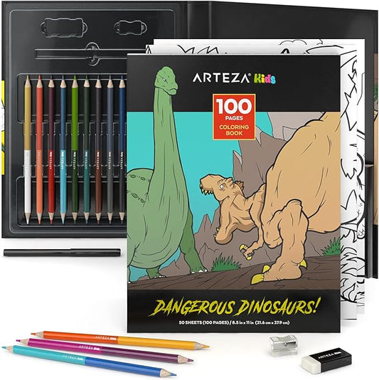 ARTEZA Kids Coloring Book and Colored Pencils Set, Dinosaur Illustrations, 50 Double-Sided Sheets, 100-lb Paper-CubbioJoy
