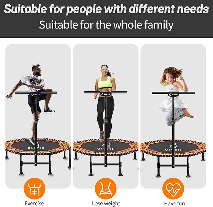 CLORIS 38in/48in Folding Trampoline - Max Load 220lbs / 450lbs Mini Trampoline Rebounder Trampoline for Adults with Adjustable Foam Handle, with safty Padded Cover Best Gift for Kids/Adult-CubbioJoy