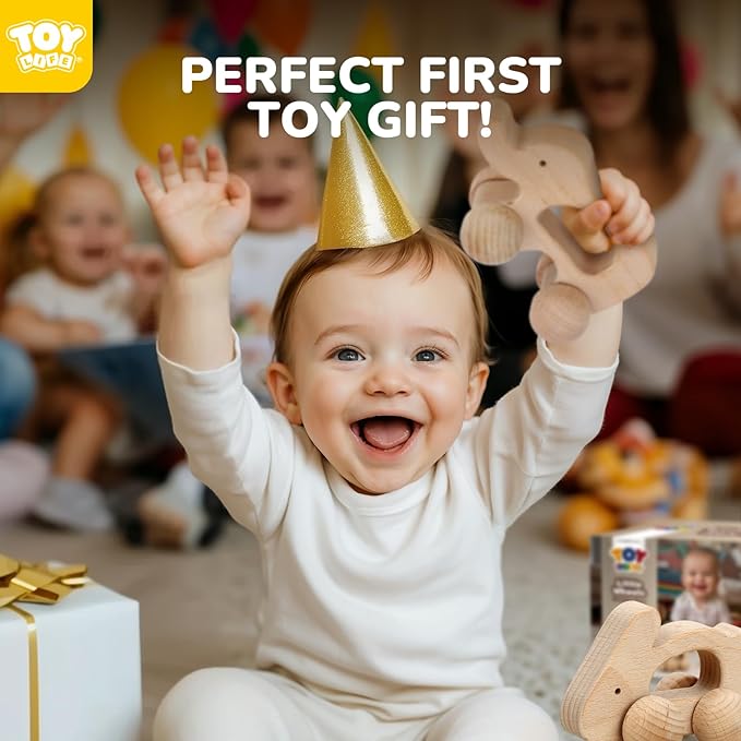TOY Life Wooden Toys Cars, Montessori Toys for Babies 0-6-12 Months, Babies Bunny Rattle Cars for Toddlers 1-3, Wooden Baby Toys Gift 1 Year Old, Baby Boy Nursery Decor, Elephant & Rabbit Toy Car-CubbioJoy
