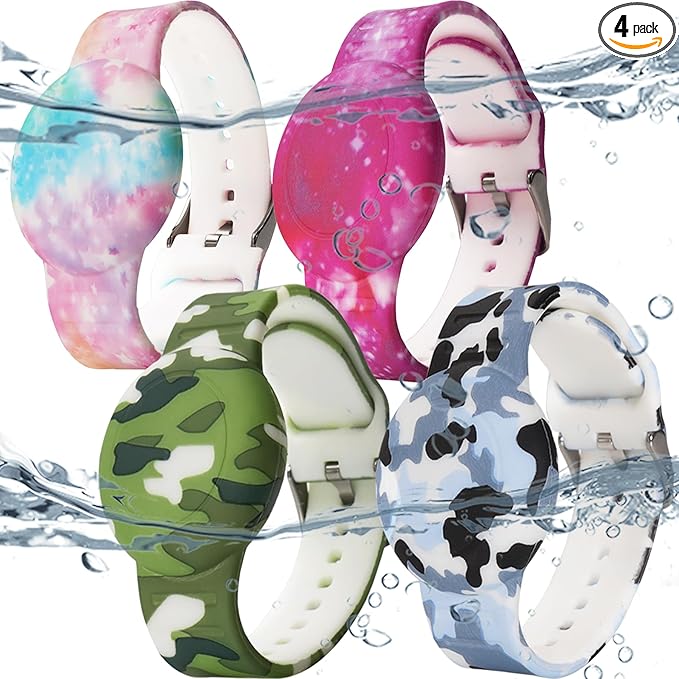 4 Pack Waterproof Bracelet for AirTag Kids, Hidden Printed Wristband for Apple Air Tag, Silicone Holder for AirTag GPS Tracker Case for Band for Child Toddler, Secure Anti-Lost Protection-CubbioJoy