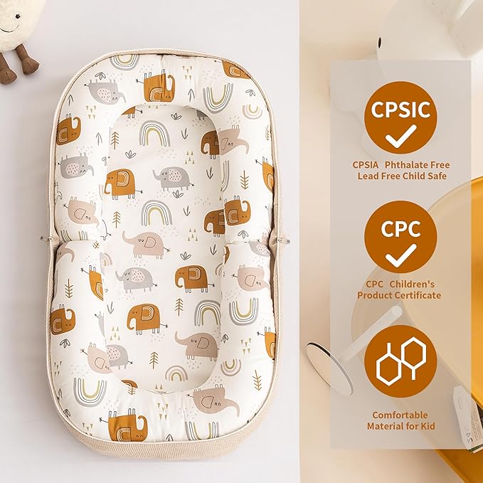 Baby Lounger, Foldable Infant Nest Pillow with Soft Memory Foam Mat, Cover with Adorable Pattern, Converts to Backpack for Easy Travel, 0-12 Months, White-CubbioJoy
