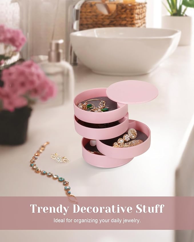 CONBOLA Jewelry Organizer, Small Jewelry Storage Box Earring Holder for Women, 4-Layer Rotating Travel Jewelry Tray Case with Lid for Bracelets Rings Bracelets, Gift for Women Teen Girls-CubbioJoy