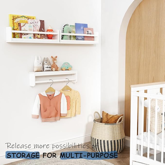 24 Inch White Wall Bookshelf for Kids Room, Floating Nursery Book Shelves Wall Mounted with Lip and Hanging Rod for Baby Girl Boy Bedroom, Large Corner Hanging Children Bookshelves -Set of 3-CubbioJoy