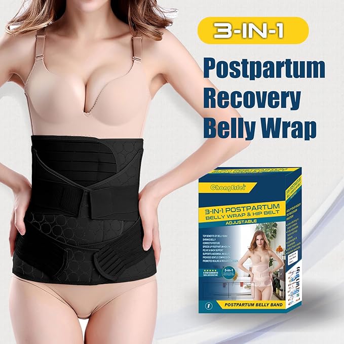 ChongErfei 3 in 1 Postpartum Belly Wrap - Recovery Belly/Waist/Pelvis Belt Black Postpartum Belly Band, Black XL-CubbioJoy
