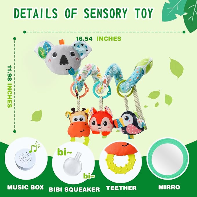 Jollybaby Crib Stroller Car Seat Toys for Baby 0-3-6-9-12 Months, Tummy Time Hanging Sensory Toys for Newborn with Music Box and Teether, Spiral Carseat Toy for Infant Boys Girls Gifts (Grey)-CubbioJoy