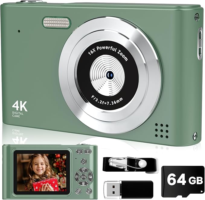 Digital Camera, 44MP Full HD 1080P Point and Shoot Camera with 64GB Card, Anti Shake 16X Zoom Compact Volg Cameras, Portable Small Camara Gift for Kids, Ages Teen Girl Boy - Green-CubbioJoy