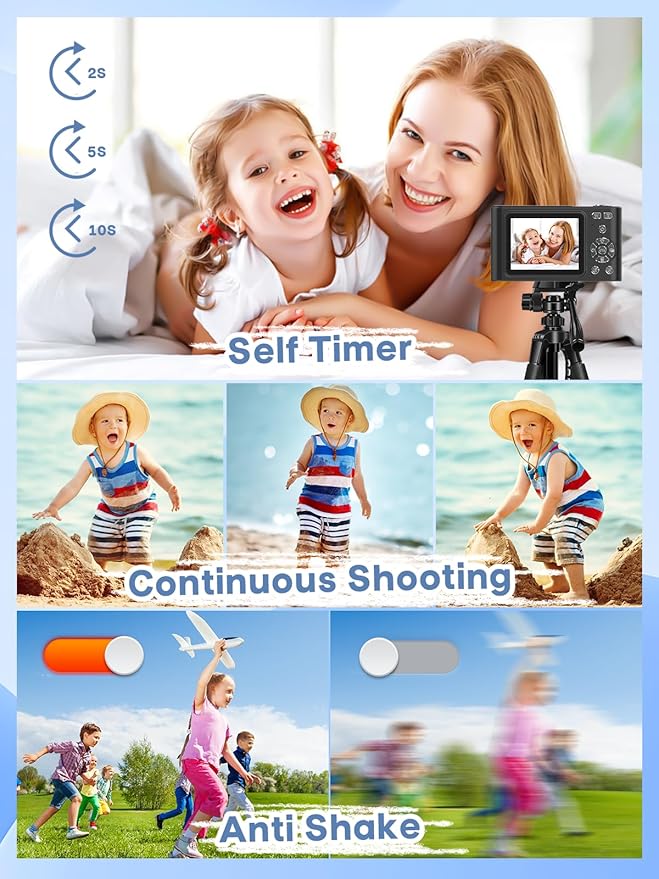 Digital Camera, 44MP Full HD 1080P Point and Shoot Camera with 64GB Card, Anti Shake 16X Zoom Compact Volg Cameras, Portable Small Camara Gift for Kids, Ages Teen Girl Boy - Black-CubbioJoy