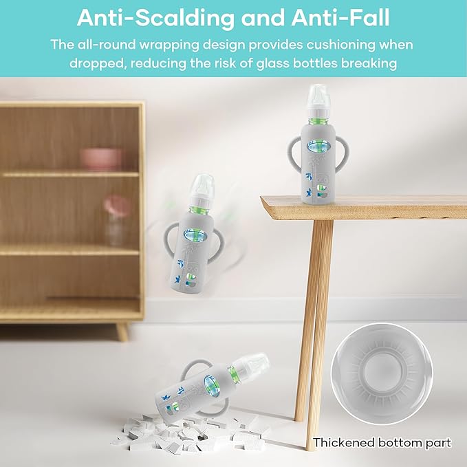 2 Pack Silicone Sleeves for Dr. Brown's Glass Baby Bottles, Anti Breakage Durable Baby Bottle Holder with Easy Grip Handles, Narrow Sleeve with a Cutout, Dishwasher/Freezer/Microwave Safe, 8 oz-CubbioJoy