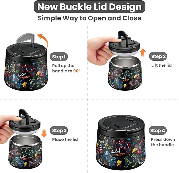 14oz Insulated Vacuum Food Jar with Buckle Lid,Soup Thermo for Hot Food Kids,Wide Mouth Leakproof Stainless Steel Lunch Container with Spoon-Black Game-CubbioJoy