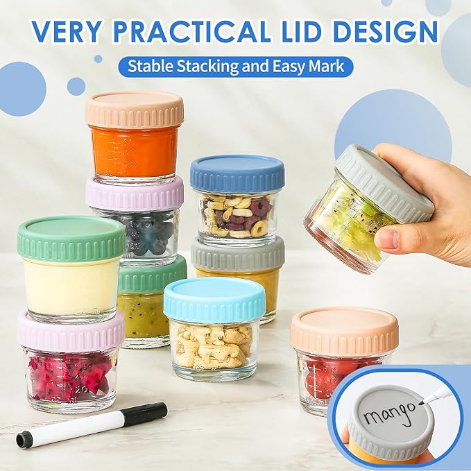 DRKIO 6 Pack Glass Baby Food Storage Containers - 4 Oz Baby Food Jars with Lids Baby Food Maker Microwave Dishwasher Freezer Safe 100% Leak Proof BPA Free Reusable-CubbioJoy