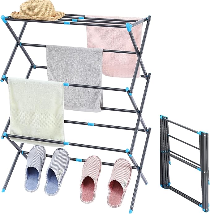 APEXCHASER Clothes Drying Rack, 3-Tier Laundry Drying Rack for Clothes, Expandable Metal Clothing Dryer, Collapsible Towel Rack, Air Drying Rack, Graphite-CubbioJoy