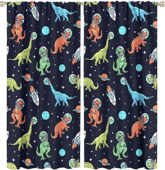 Cartoon Dinosaur Curtains for Kids Boys Girls Home Decor, Astronaut Rocket Funny Outer Space Blackout Rod Pocket Window Drapes for Bedroom Living Room W31.5xL72in 2 Panels-CubbioJoy