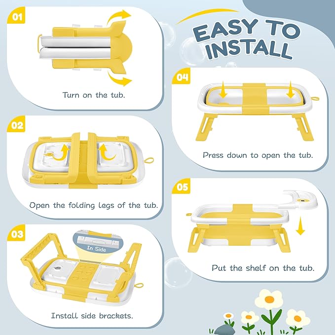 Collapsible Baby Bathtub,Baby Bath Tub with Thermometer & Soft Cushion,Baby Bathtub for Newborn to Toddler 0-36 Months,Portable Travel Baby Tub with No-Slip Feet,Baby Shower Gifts,Yellow-CubbioJoy