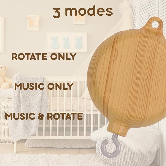 Crib Mobile Motor with Music Box, Baby Mobile for Crib with 12 Classic Lullabies & Rotating Function, Wooden Design Crib Mobile with Music-CubbioJoy