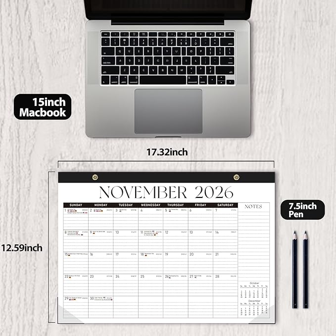 Desk Calendar 2025-2026, Monthly Desktop Large Calendar Runs Until December 2026 17" x 12" Desk Wall Planner for Family Office Teacher School, Black-White-CubbioJoy