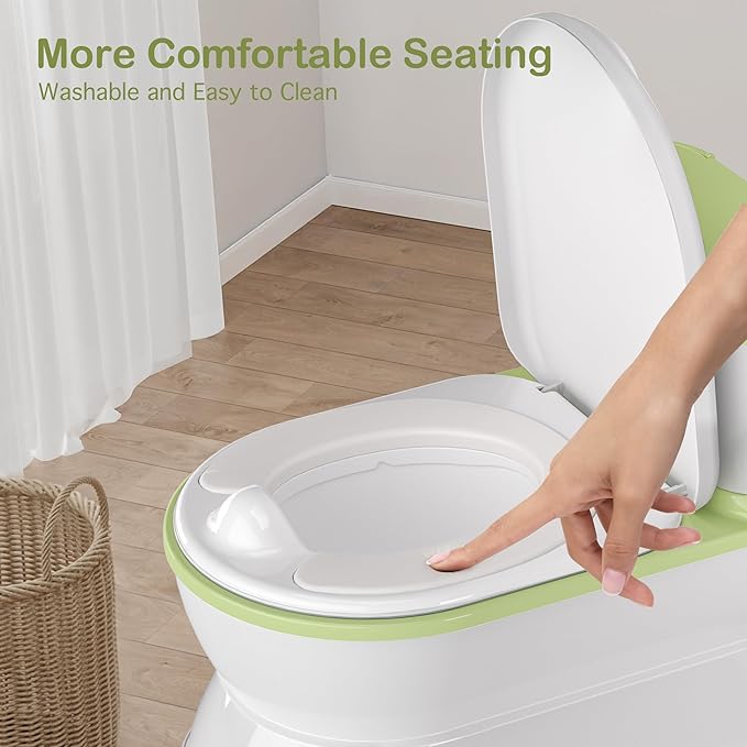 2-in-1 Toddler Potty Training Toilet - Larger Potty Chair & Detachable Training Seat for Boys & Girls Ages 1-3 with Flushing Sound, Wipes Storage, Toilet Paper Holder - Green-CubbioJoy