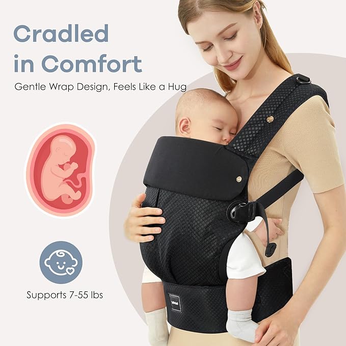 Baby Carrier with Lumbar Support, Cozy Baby Carrier Newborn to Toddler with Adjustable Seat Size, Ergonomic Infant Carrier with 3-Way Carry, Front Facing Toddler Hodler Carrier for Mom & Dad, Black-CubbioJoy