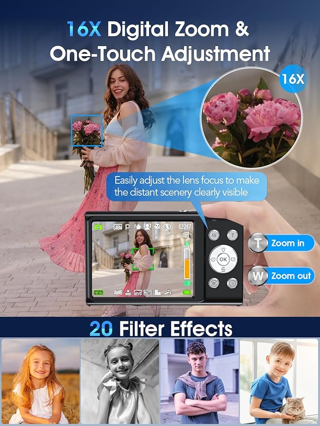 Digital Camera,Autofocus 4K Vlogging Camera for Photography with 32GB Card,48MP Portable Compact Point and Shoot Digital Camera for Teens Adult Beginner with 16X Zoom,Anti-Shake,2 Batteries(Black)-CubbioJoy