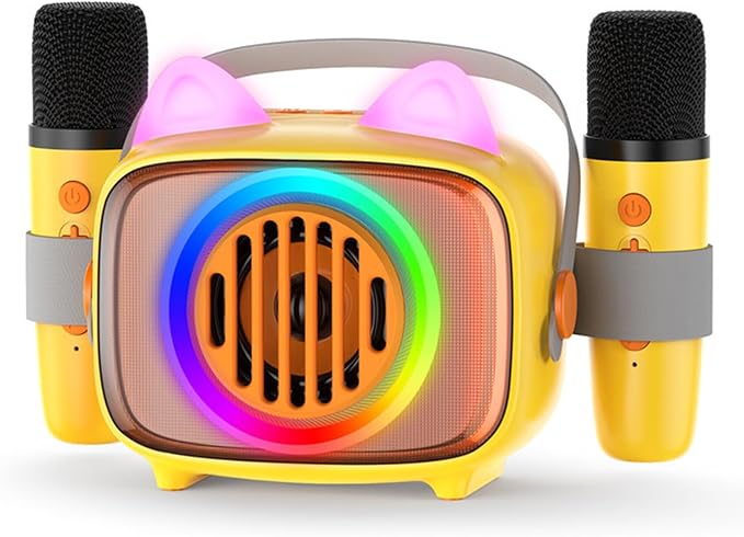 BIGASUO Karaoke Machine for Kids, Mini Portable Bluetooth Speaker with 2 Wireless Microphones and LED Lights, Kids Toys Ideal Gifts for Girls & Boys Birthday Home Party Yellow-2Pack-CubbioJoy