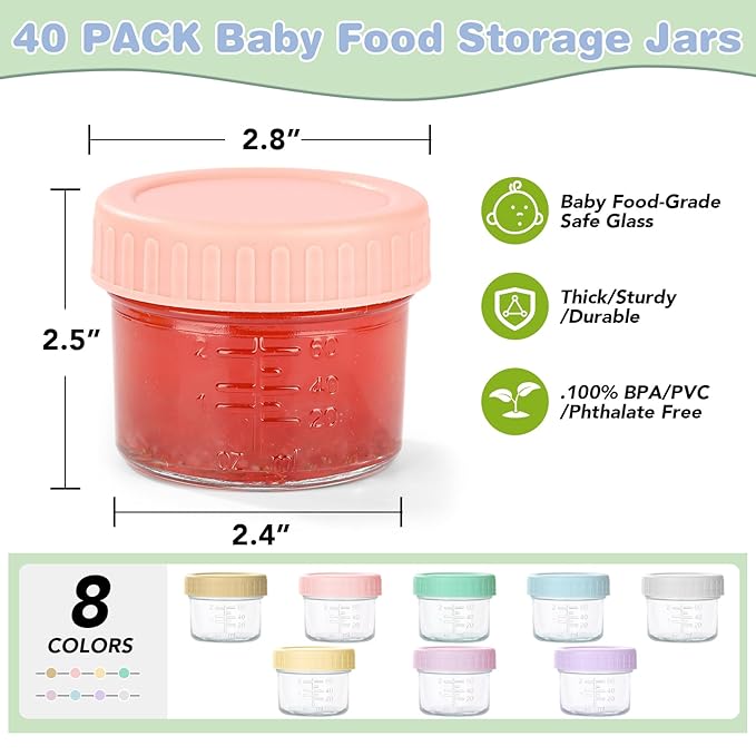 40 Pack Glass Baby Food Storage Containers, 4 oz Leakproof Baby Food Jars with Lids, Small Glass Food Containers for Infant Baby, Freezer & Microwave Safe, BPA Free-CubbioJoy
