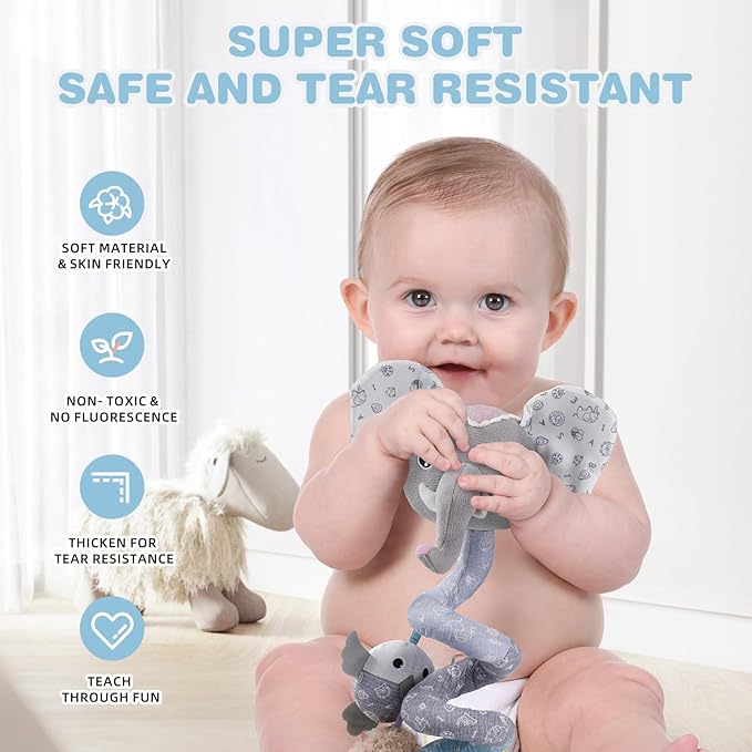Jollybaby Baby Car Seat Stroller Toys, Plush Activity Hanging Spiral Activity Pram Crib with Music Box, Rattles, Squeaker for Babies Infant Boys Girls (SZ Gray Elephant)-CubbioJoy