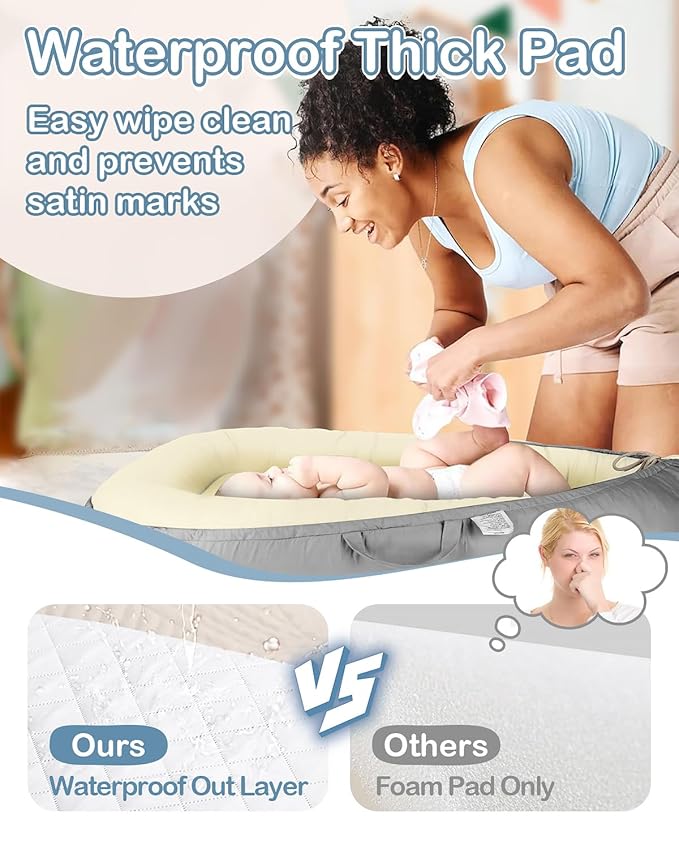 Baby Lounger - Infant Lounger for Newborn 0–26 Months, Waterproof Inner Cover and Pure Cotton Breathable Baby Nest Cover, Newborn Lounger for Baby Boys & Girls, Portable Lounger for Home and Travel-CubbioJoy