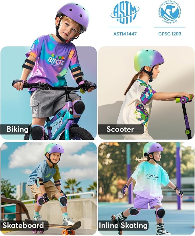 Kids Bike Helmet and Pads Set for Ages 2–14, CPSC Certified Adjustable Helmet with Knee Elbow Wrist Guards, for Skateboard, Scooter, Skating, Rollerblading, Multi-Sport Protective Gear-CubbioJoy