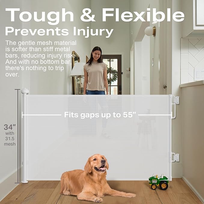 Cumbor 55" Wide Retractable Baby Gates for Stairs, Mom's Choice Award - Mesh Dog Gate for Doorways, Pet Safety Essential Fit for Baseboards, Wide Toddlers Gates for Hallways, Indoor & Outdoor, White-CubbioJoy