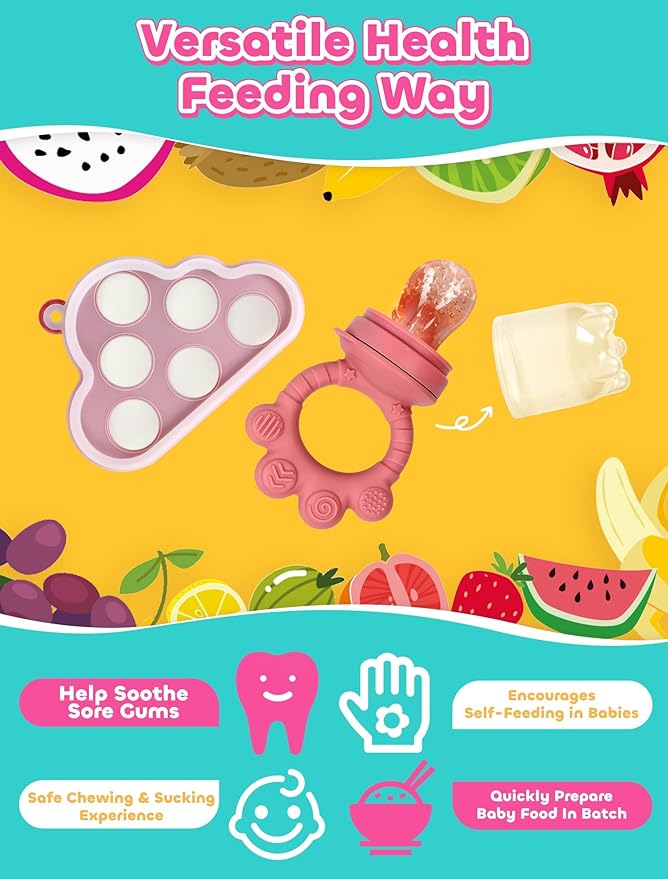 Breastmilk Popsicle Molds & Baby Fruit Food Feeder Pacifier, Silicone Baby Food Storage Containers, Baby Popsicle Molds Teething for Toddler Teething & Infant Self Feeding (Pink)-CubbioJoy