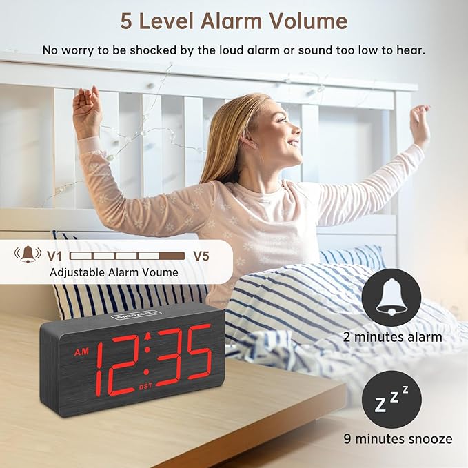 DreamSky Wooden Digital Alarm Clock for Bedroom - Desk Clocks for Living Room with Large Numbers, Loud Alarm for Heavy Sleepers with Volume Control, Dimmer, DST, Office Wood Decor (Adapter Powered)-CubbioJoy