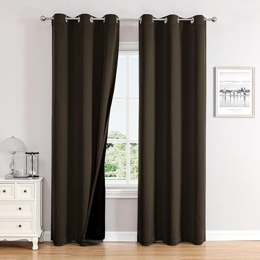 ChrisDowa 100% Blackout Curtains 72 inch Long for Bedroom with Black Liner, 2 Thick Layers Total Blackout Thermal Insulated Grommet Window Curtains 2 Panels Set (Brown, 42 x 72 Inch)-CubbioJoy
