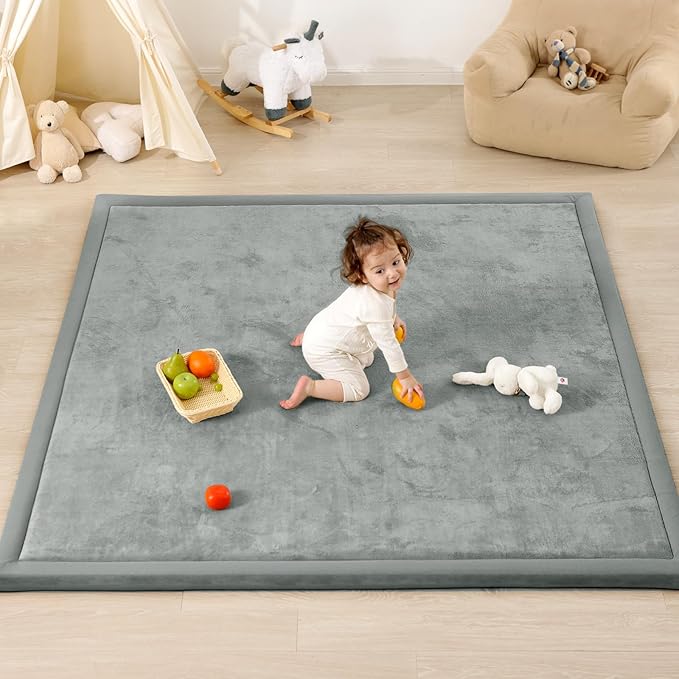 1.3" Thick Baby Play Mat for Floor, 79x79 Large Foam Tummy Time Mat, Padded Support Soft Plush Nursery Rug for Infant Kids Toddler Crawling Kick Activity (Light Grey)-CubbioJoy