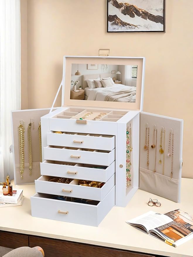 BOOVO Jewelry Box For women, 6 Layer Large Jewelry Organizer With Mirror, Multi-Function Storage Box With Lock, Necklace Holder With 5 Drawers, For Earrings Necklace Bracelet (White and Gold)-CubbioJoy
