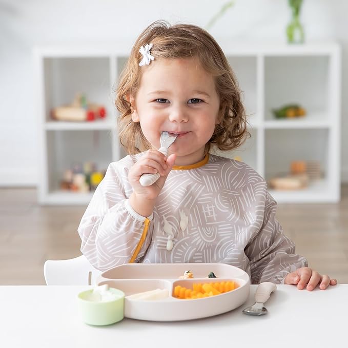 Bumkins Toddler Utensils, Kids Size Fork and Spoon Set, Silicone and Stainless-Steel Training Silverware, Angled Forks/Sporks for Self-Feeding, Children Hold Learning to Eat, 18 Mos Up, Sand Beige-CubbioJoy