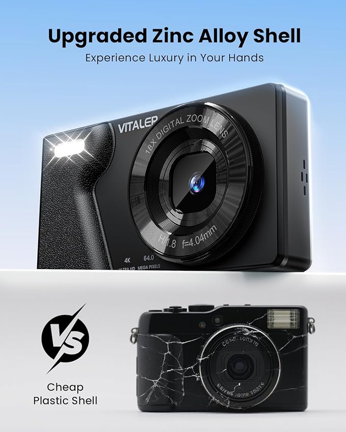 Digital Camera with Front Rear Lens, Autofocus 64MP 4K Camera for Photography with 32GB Card, Portable Compact Point and Shoot Camera for Teens Adult Beginner with Metal Shell, 2000mAh Battery-CubbioJoy