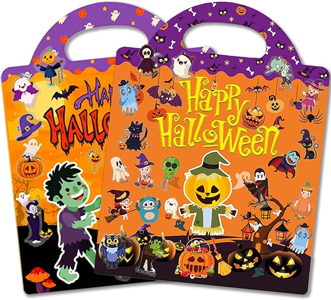 2 Set Halloween Reusable Sticker Books for Toddlers 3+, Halloween Stickers for Kids, Sticker Book for Toddlers 3+ Years, Halloweens Gifts for Kids Girls Boys-CubbioJoy
