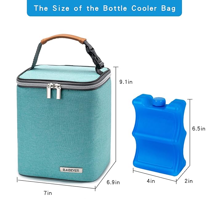 Breast Milk Cooler Bag with Ice Pack Fits 4 Baby Bottles Up to 9 Ounce, Baby Bottle Bag for Nursing Mom Daycare-Aqua-CubbioJoy