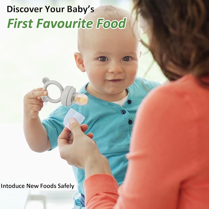 JEXFUN Baby Fruit Food Feeder & Mini Freezer Nibble Tray Combo, Breastmilk Popsicle Molds for Baby Cooling Relief, BPA Free Silicone Feeder for Safe Infant Self Feeding, 4 Month+ (Light Grey)-CubbioJoy