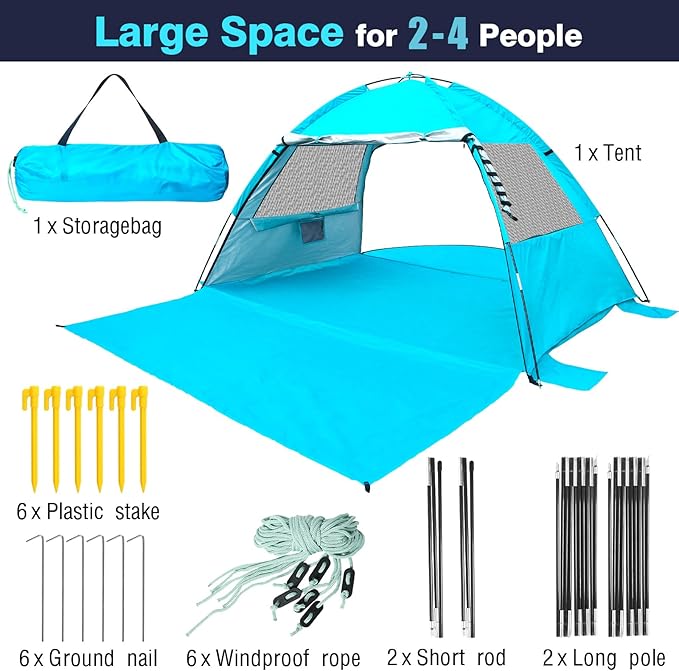 DLUCKY Beach Tent for 1/2/3/4/5/6 Person,Anti-UV Portable Sun Shade ShelterUPF 50+,Both Sides Extendable Floor,Extendable Awning,with 2 Ventilating Mesh Windows,Lightweight & Easy Setup.-CubbioJoy
