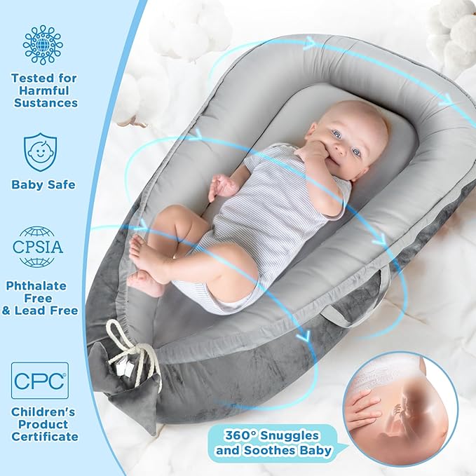 Baby Lounger - Baby Lounger for Newborn 0-24 Months, Breathable & Soft Cotton and Velvet Cover Baby Nest, Portable Tummy Time Lounger for Home and Travel, Ideal Baby Essentials & Shower Gifts-CubbioJoy
