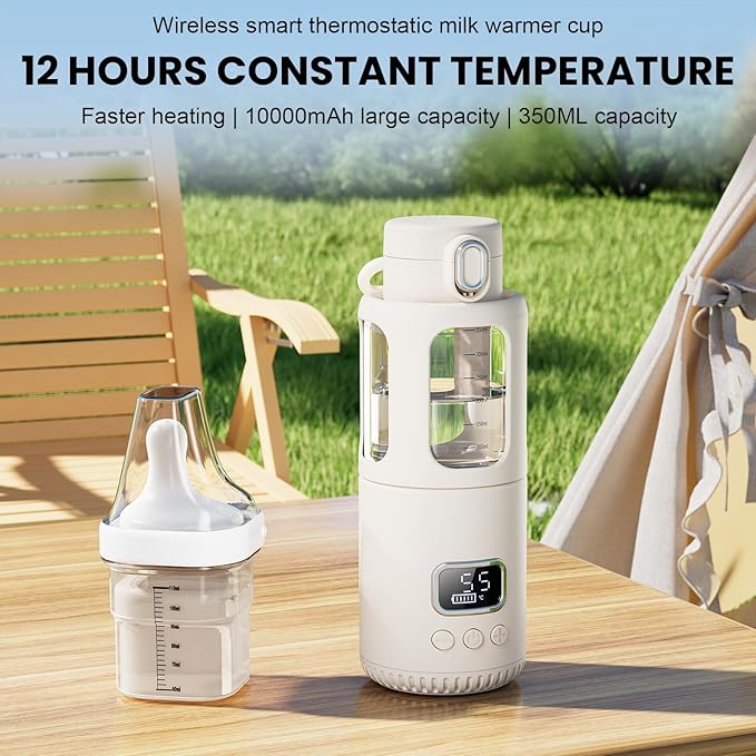 Dollox Portable Bottle Warmer for Travel 12oz Large Capacity Baby Portable Water Warmer for Formula, Breastmilk, Milk, 10000mAh, Wireless, Fast Heating Suitable for Baby Outdoor Travel, Car, Airplane-CubbioJoy