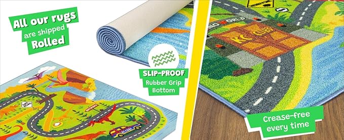 KC Cubs 8x10 Dinosaur Toy Car Dino Road Rug – Educational Play Mat Carpet for Kids, Toddlers, Nursery, Classroom, Playroom, Baby Daycare, Boys & Girls-CubbioJoy